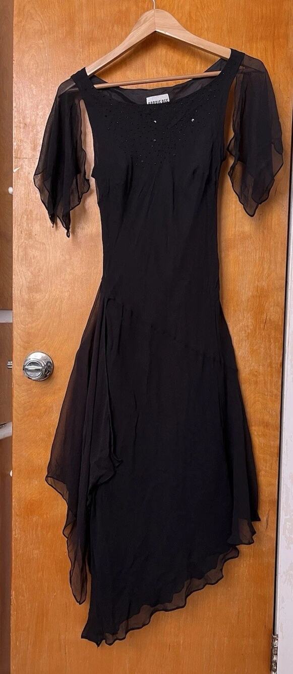 Vintage Y2K Black Silk Asymmetrical Bias Cut Dress Flutter Sleeve Witchy Sz 6